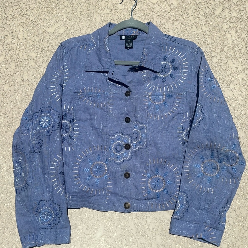 Vintage Carole Little Embroidered Linen Blue Jacket Boho Lightweight Size XL